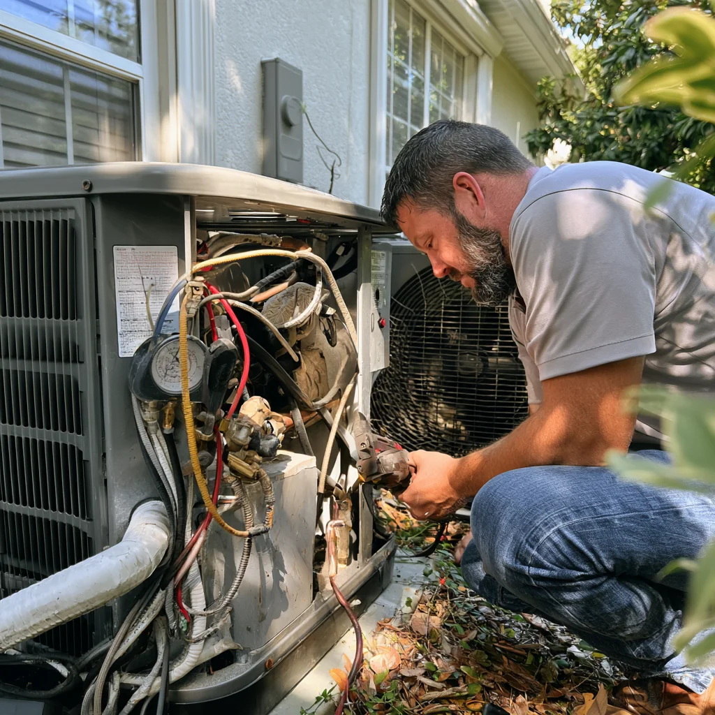 HVAC technician repairing a residential outdoor air-conditioning unit