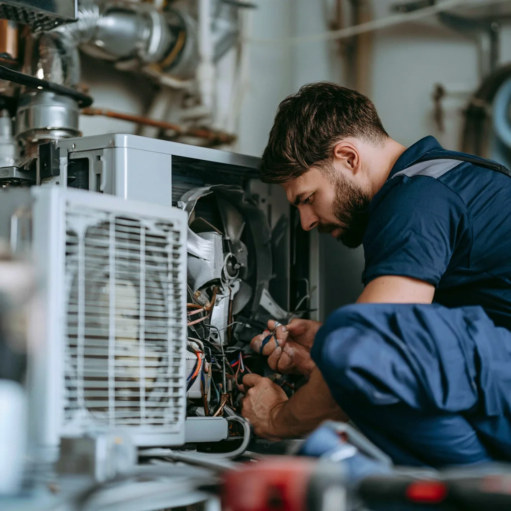 HVAC technician servicing indoor heating and cooling equipment