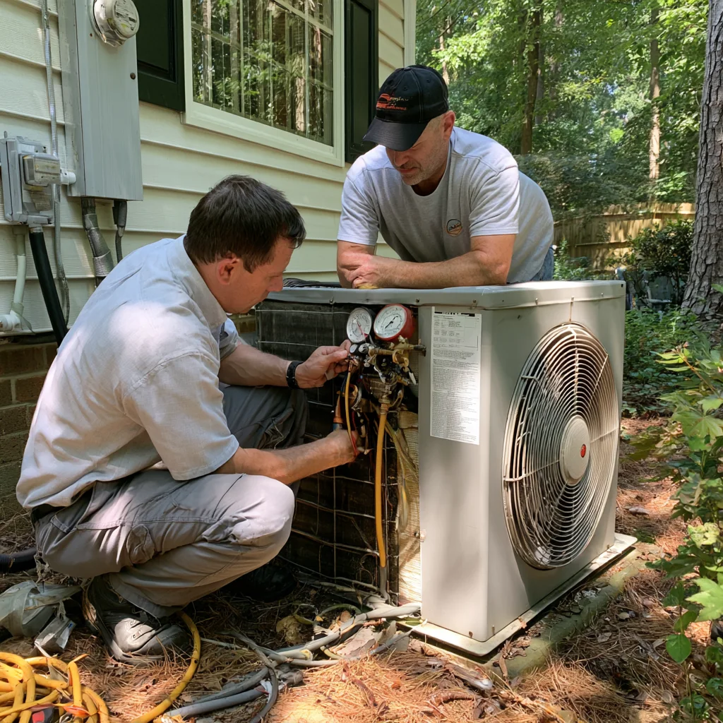Two HVAC technicians checking gauges on a residential condenser
