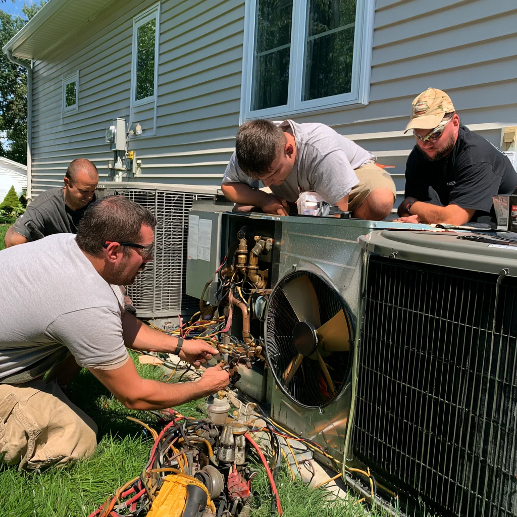 HVAC service crew working around open outdoor cooling equipment
