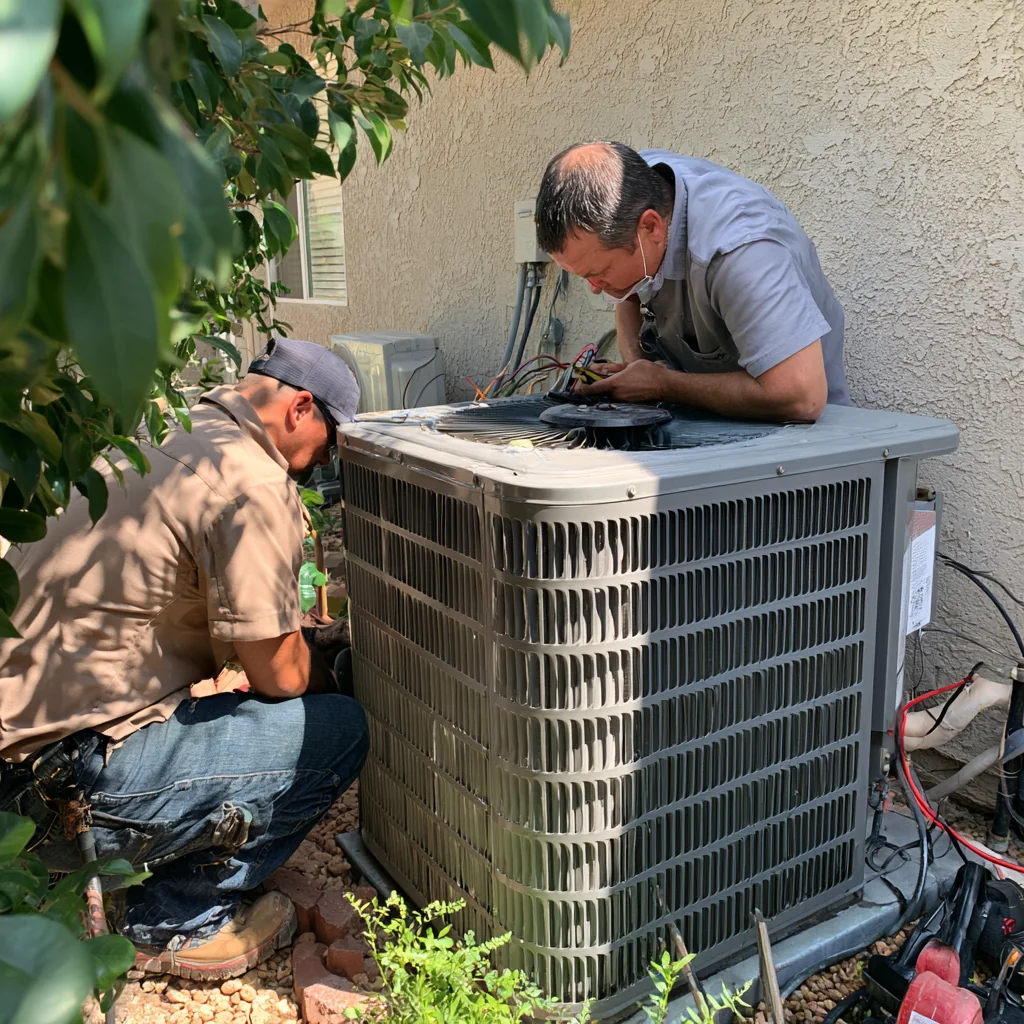 Two technicians inspecting and repairing an outdoor HVAC system