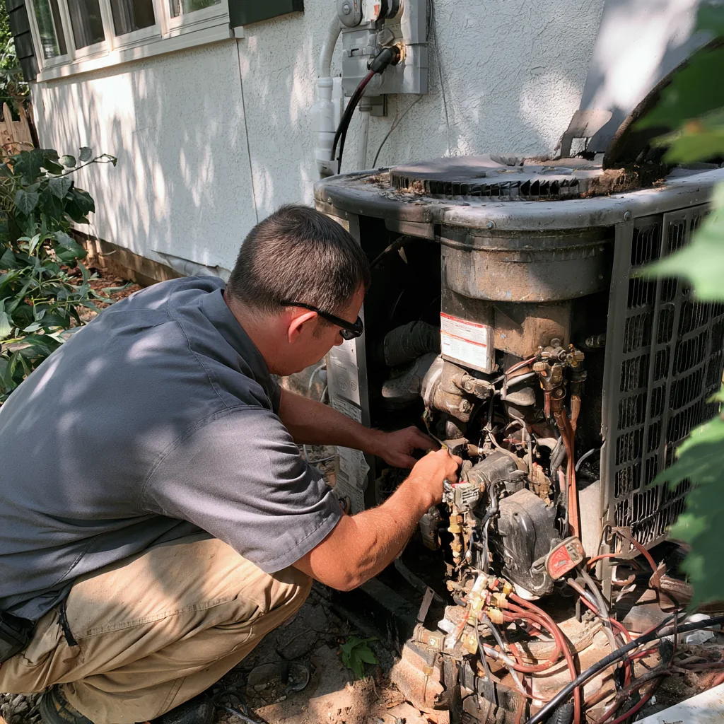 Technician repairing the exposed components of an outdoor HVAC unit