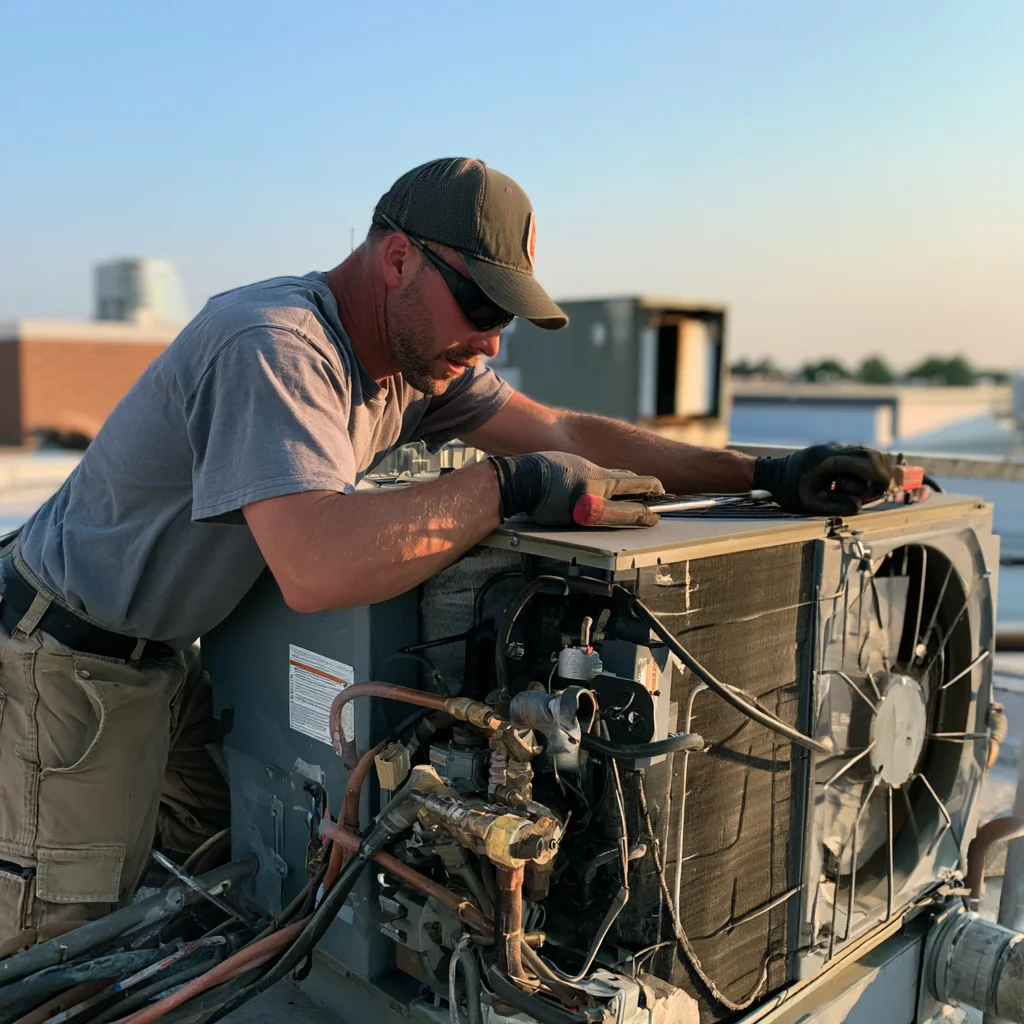 HVAC technician servicing a rooftop air-conditioning unit